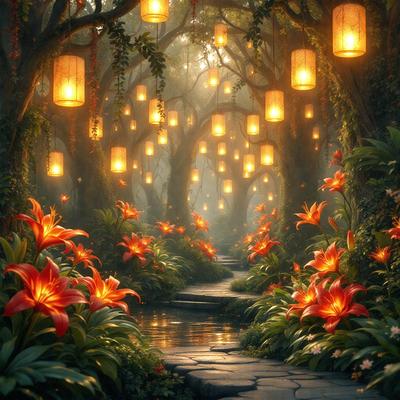 The primary subject of the image is a pathway surrounded by flowers, particularly red flowers. The setting is a forest with trees and a sky background. The visual style is a digital art illustration, creating a vibrant and lively atmosphere. The dominant colors are red and green, with the red flowers being the most prominent feature in the scene.